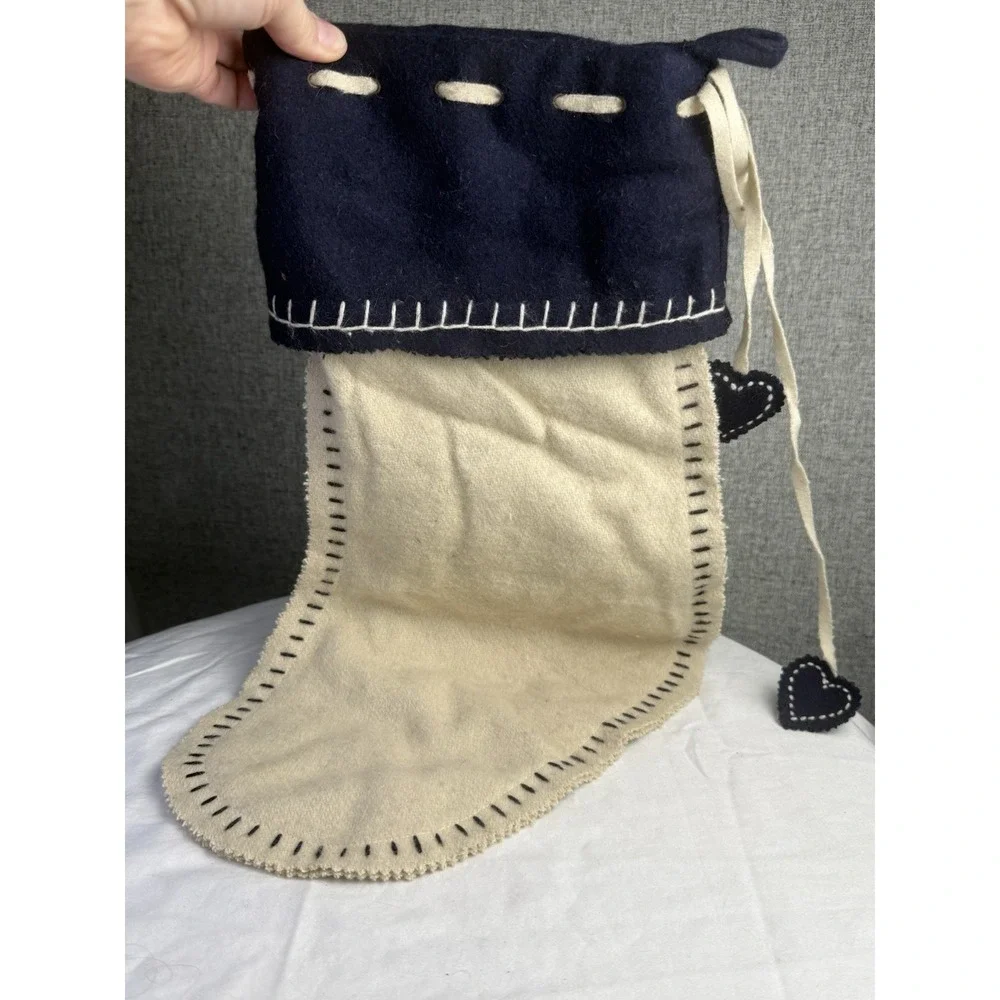 Wool Blend Christmas Stocking Scandinavian Folk Art Blue White‎ Snowflake Heart